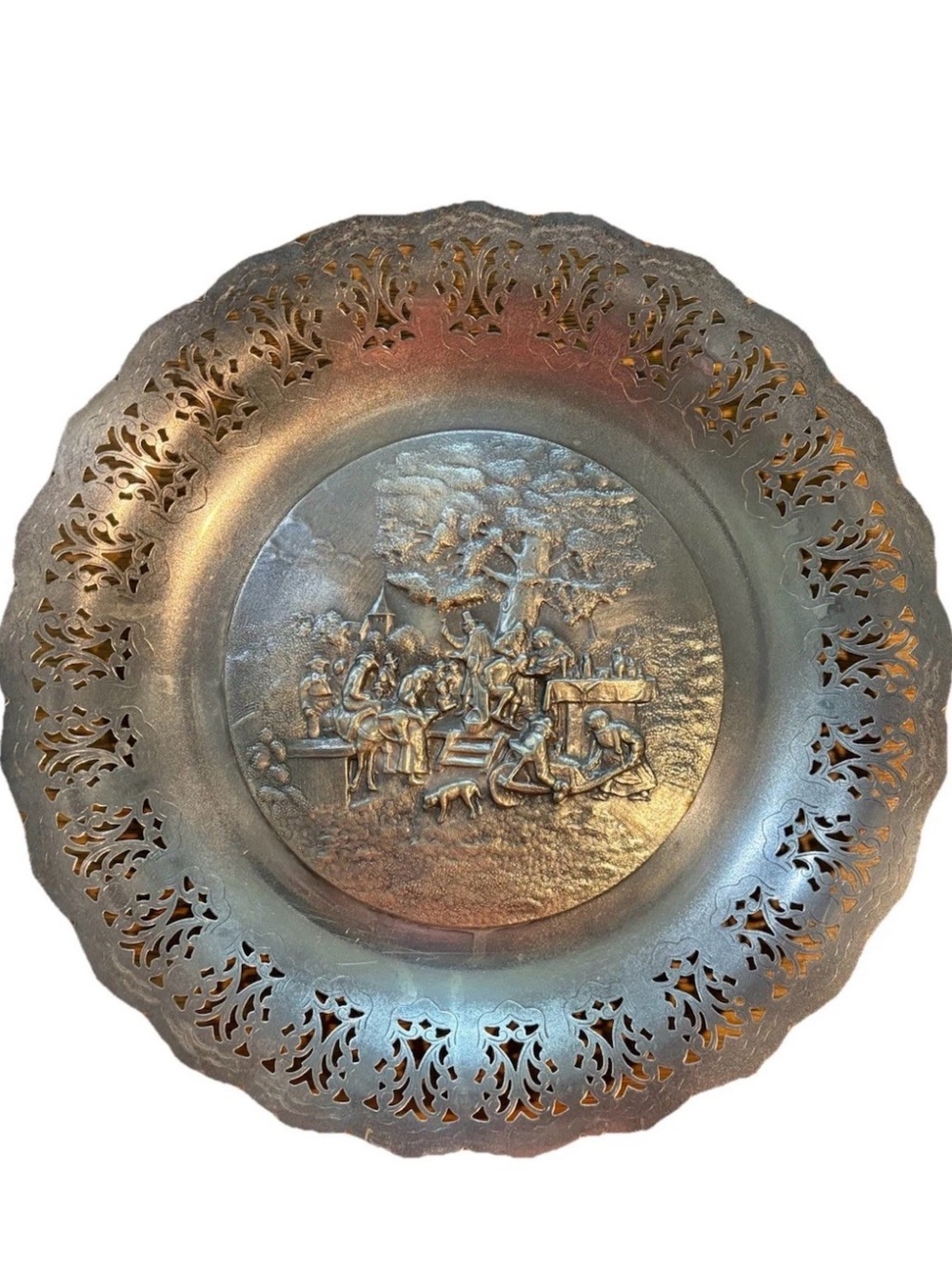 Vintage 1950’s Hans Jensen Denmark Silverplate  Repousse Plate Pierced Village
